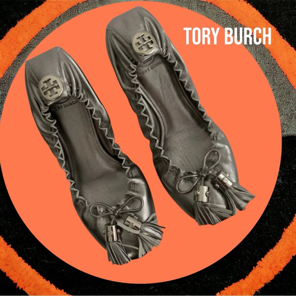 TORY BURCH PEWTER METALLIC MESTICO REESE NEW BOX SHOES LEATHER LOGO 6